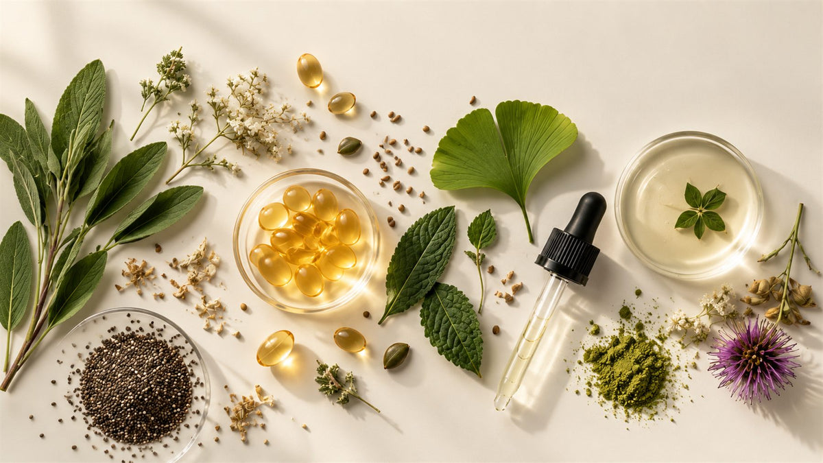 Composición botánica con hojas, semillas y cápsulas